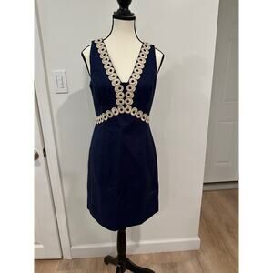 Lilly Pulitzer Esme Navy Shift Sheath Dress Gold Metallic Lace Trim sz 4, NWT